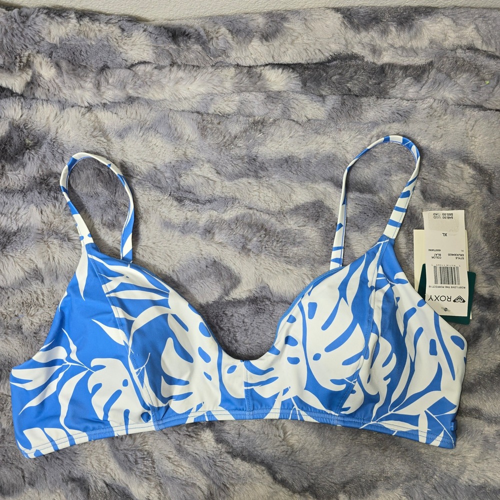NWT Roxy Love The Perfect 10 Bikini Top Blue White Tropical Leaf SZ XL